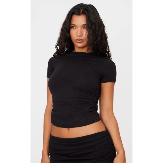 Black Cotton Side Cap Sleeve Ruched Top Black Cotton Side Cap Sleeve Ruched Top