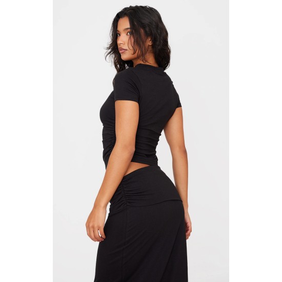 Black Cotton Side Cap Sleeve Ruched Top Black Cotton Side Cap Sleeve Ruched Top