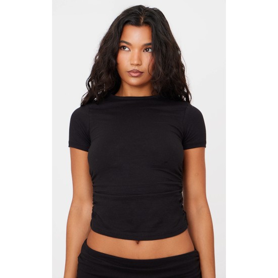 Black Cotton Side Cap Sleeve Ruched Top Black Cotton Side Cap Sleeve Ruched Top
