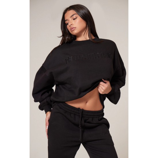 PRETTYLITTLETHING Black Boxy Embroidered Sweatshirt PRETTYLITTLETHING Black Boxy Embroidered Sweatshirt