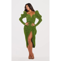 Green Glitter Plisse Puff Sleeve V Bar Draped Midi Dress