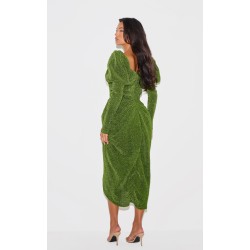 Green Glitter Plisse Puff Sleeve V Bar Draped Midi Dress