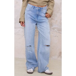 Blue Distressed Detail Straight Leg Jeans