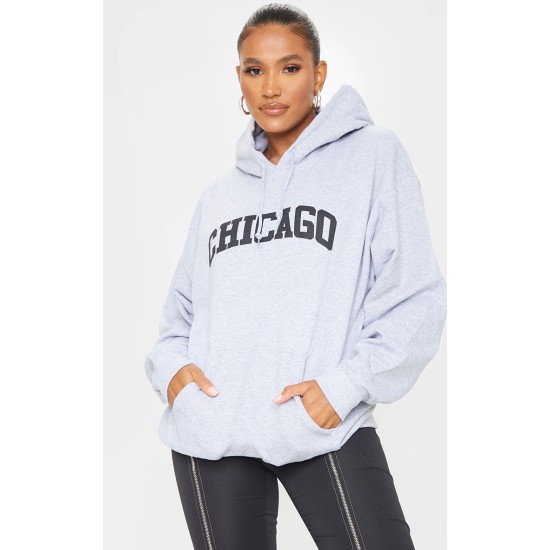 Grey Chicago Print Oversized Hoodie Grey Chicago Print Oversized Hoodie