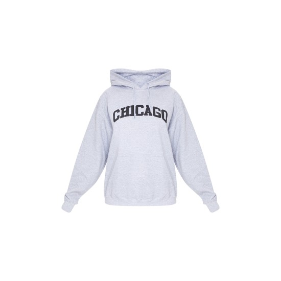 Grey Chicago Print Oversized Hoodie Grey Chicago Print Oversized Hoodie