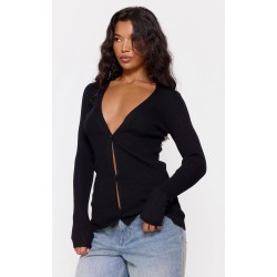 Black Knitted Ribbed Long Sleeve Cardigan